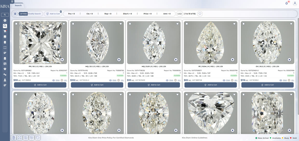Lab grown diamond search on the KIRA Portal, desktop